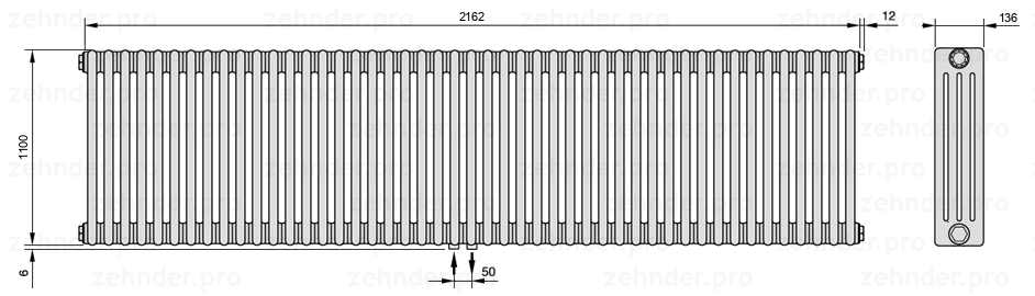 Схема (чертеж) Радиатор Zehnder Charleston 4110/47 №3470 Белый глянцевый RAL 9016